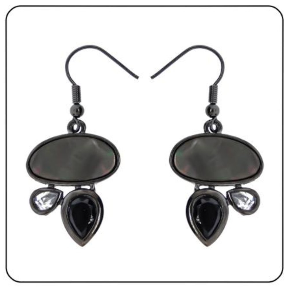 Earring Black Mother of Pearl Stone Jet Cubic Zirconia Silver NWT